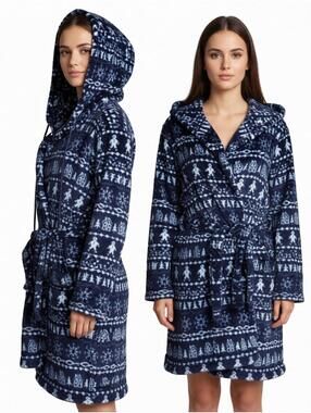 Sleep Chic Holiday Gingerbread Hooded Robe W/Pockets Super Soft Sz Medium Navy